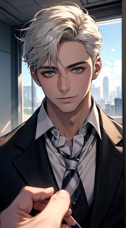 (Highest quality,4K,8K,High resolution,masterpiece:1.2),Super detailed,(Realistic,photoRealistic,photo-Realistic:1.37),1 person,34 years old,Mature Men,Beautiful skin、very handsome,Expressionless smile in love,Short white hair,green eyes,Sharp Eyes,A perfect face without a doubt,Businessman, CEO, Office Background,Cinema Lighting,HDR image,tie、