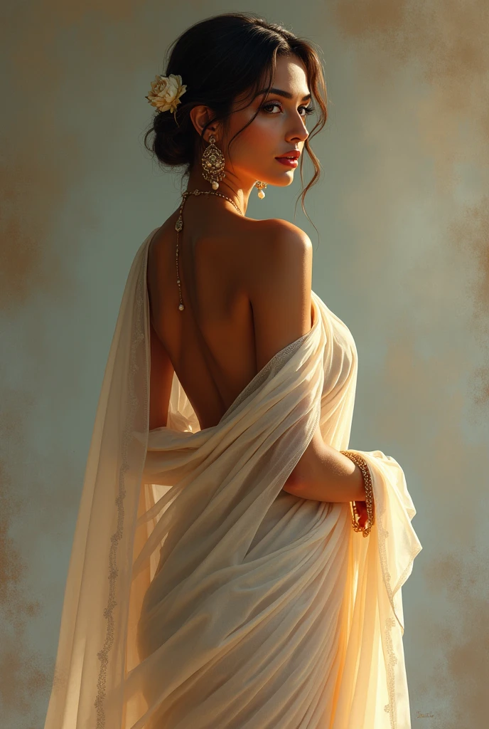 Best quality, masterpiece, detailed, perfect face,  beautiful indian women, thin saree, large breast open
