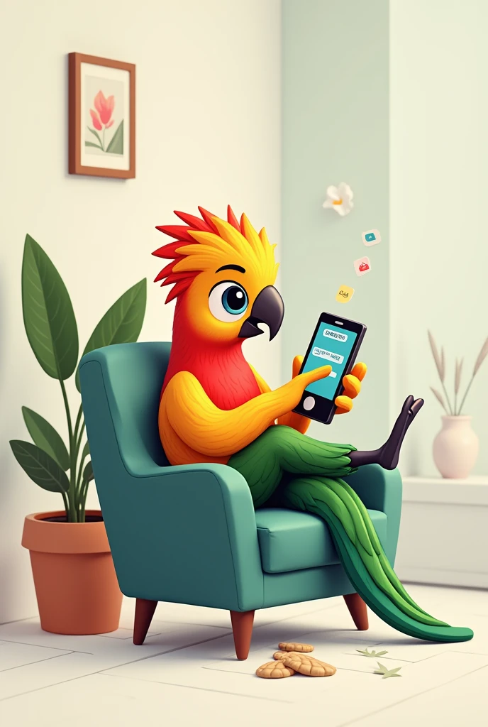 A quetzal using his cell phone to pay while sitting on a chair in a cartoon 