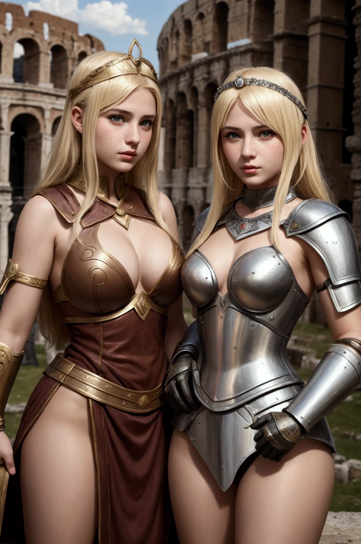 two italy sisters portrait break: woman, 20 years old, roman warrior, queens blade , middle age, blonde, detailed face, curvy, fighter position, background in roman empire break: girl, roman warrior, princess blade , 14 yenager girl, s breasts, mini cropped, valkyrian princess ,blonde, detailed face, beautiful, confiant, background in roman empire