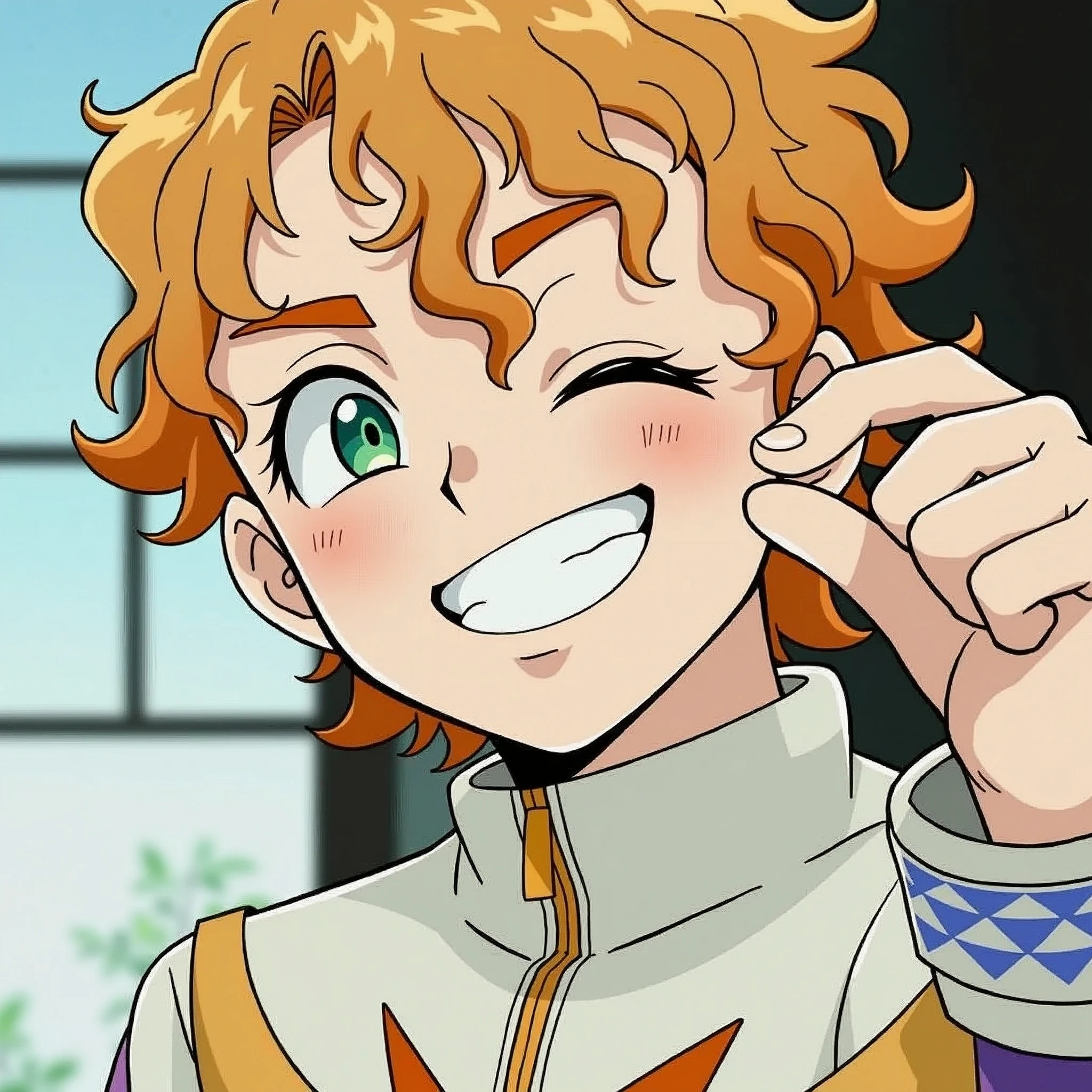 White Character with Orange Wavy Hair, greeneyes, smiling, Orange goatee under the chin, stylish orange and purple clothes,With blue air jordan sneakers.