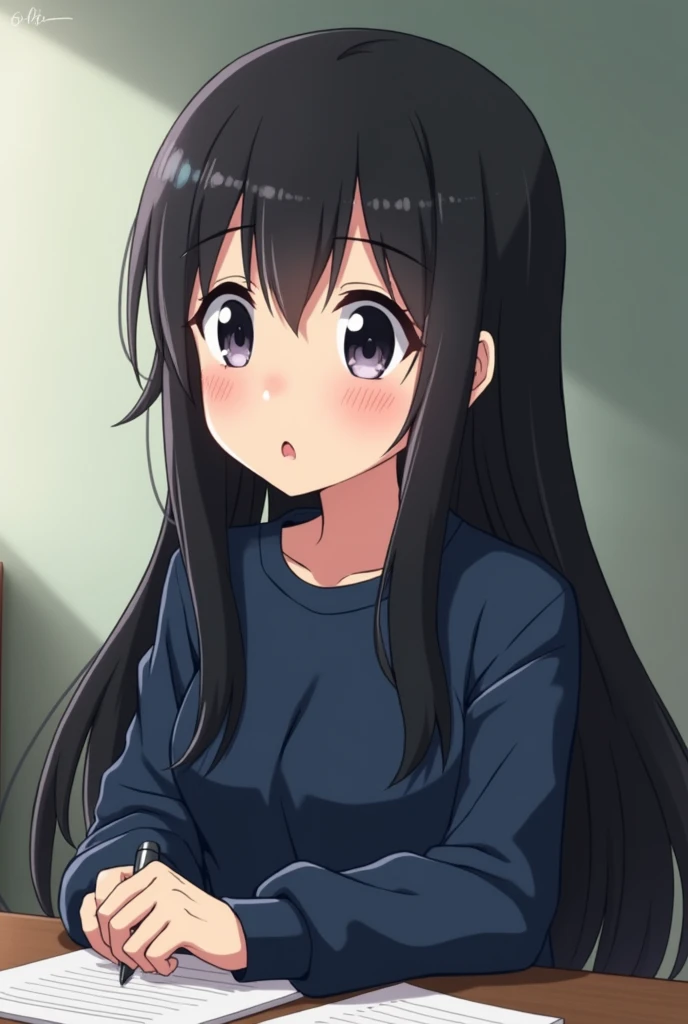 Can you imagine ANIME style a girl with black hair down to not so long without bangs down to her back a little chubby with navy blue sweatshirt clothes sitting at her desk talking