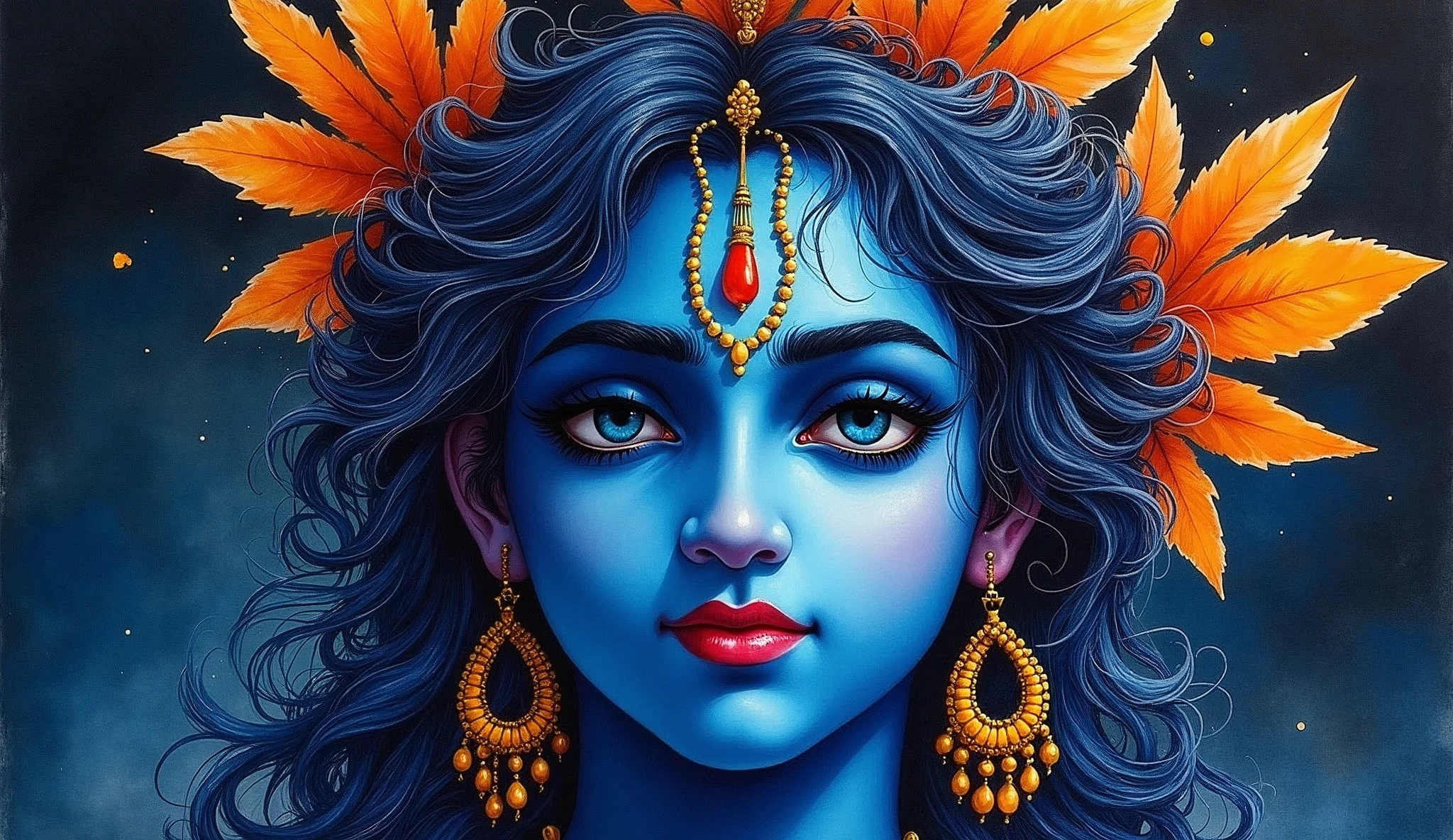 A mesmerizing watercolor painting that beautifully captures a fashionable artistic representation of Lord Krishna, intricately entwined with vibrant. earrings in the ears in the shape of sharks.The dark blue figure of Krishna is adorned with warm shades of orange and cool blue hues, cascading from his hair and gracefully resting on his face. His intense gaze, with striking blue eyes and well-defined facial features, adds to the overall mystical ambiance. The black key background, with its depth and texture, complements this fashionable, vibrant artwork, creating a harmonious blend of culture and modernity. Low key light, fashion, painting, vibrant., fashion, painting, vibrant