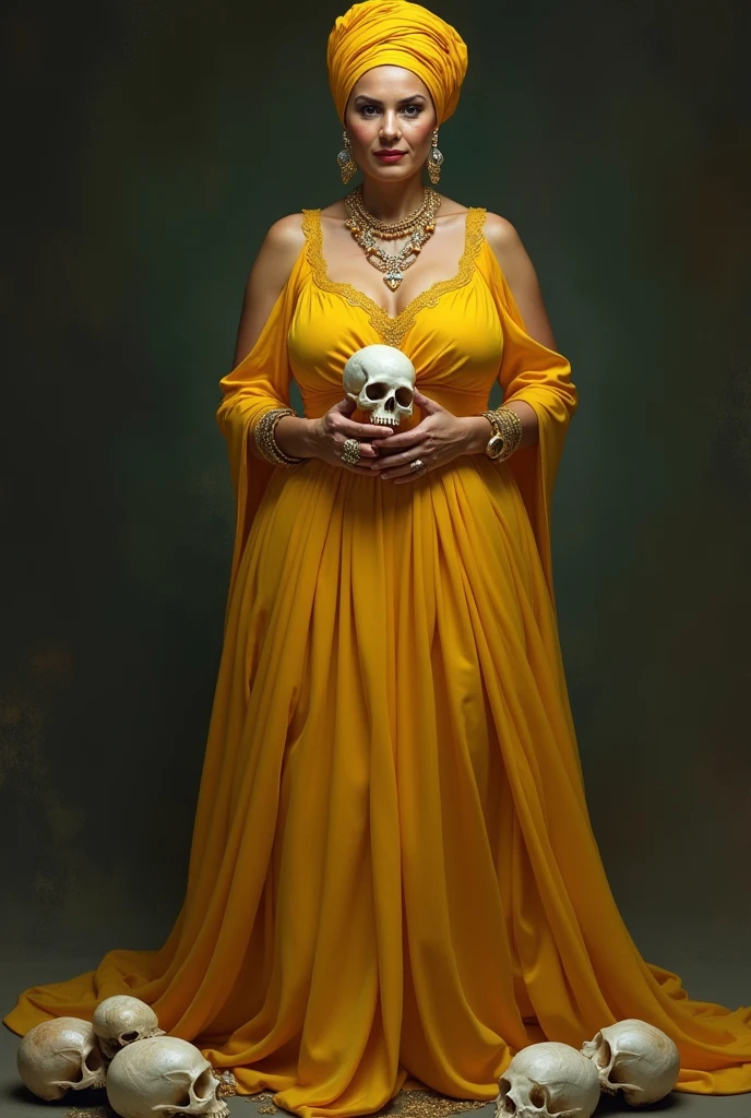 Lady between 30 and 35 years old, White skin, chubby in a yellow dress, with light-skinned Cuban descent, and yellow turban, with rings and snail shells in hand, and with skulls at the feet. 