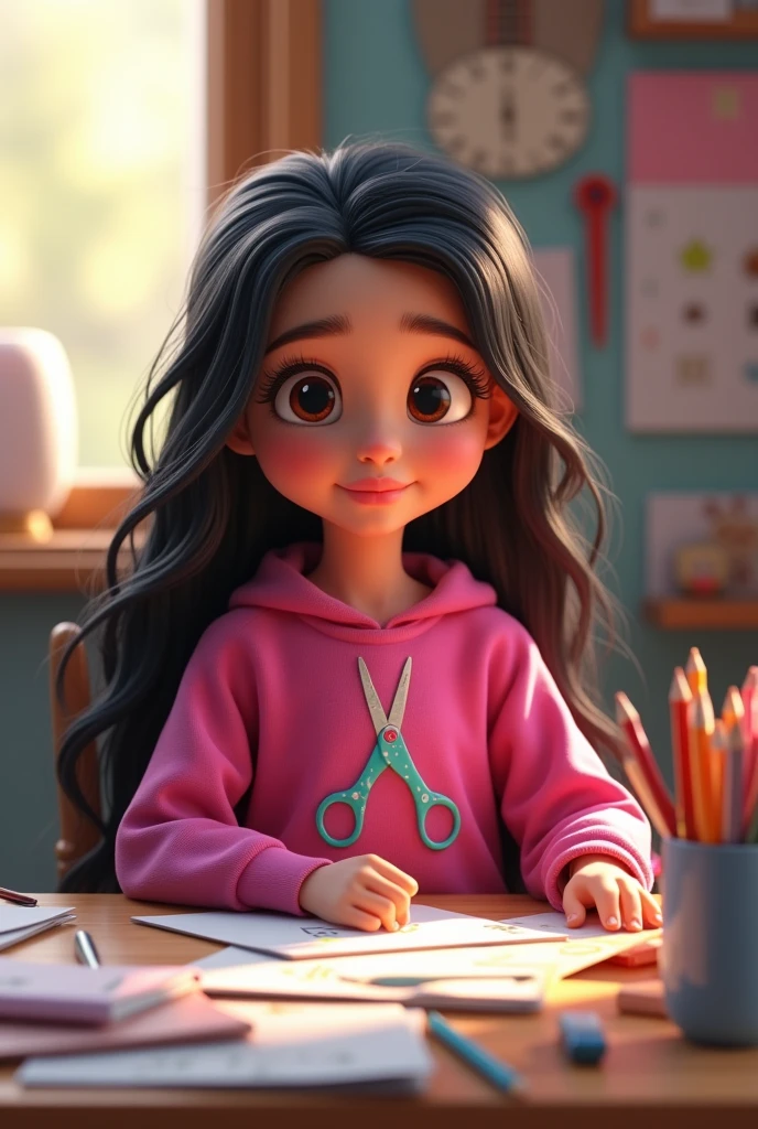 Pixar 3D type image logo, Girl with long black hair wearing a fuchsia sweatshirt with scissors logo, sitting at a desk full of paper items.