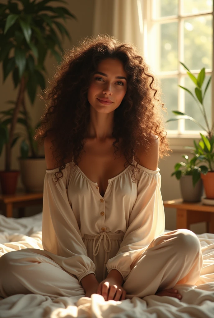 (photorealism:1.2), beautiful woman, sitting on bed, wearing loose off-shoulder top, pajama pants, long curly hair, indoors, soft lighting, plants in background, window with sunlight, cozy room, relaxed pose, realistic, intricate details, warm colors, by Greg Rutkowski, by Alphonse Mucha