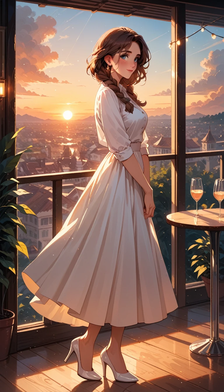 score_9, score_8_up, score_7_up, score_6_up, cinematic film still, 1girl, mature anna (brown hair, braided pigtails:1.1), white_business_suit, white heels, in a beautiful restaurant, on the balcony, (cinematic lighting:1.2),, (sunset:1.2), shallow depth of field, vignette, highly detailed, high budget, bokeh, cinemascope, moody, epic, gorgeous, film grain, grainy, flirting.