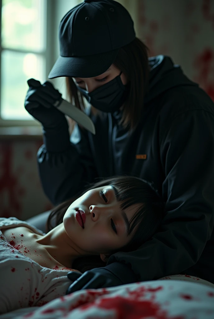 korean girl, (behind stiff, holding knife), black surgical mask, black gloves, torture chamber, , black raincoat, holding knife, bucket hat, black gloves, woman on top, looking at viewer, behind cadaver, blood splatter, night, mass murderer, killer, wavy hair, blood splatter, dark atmosphere, cinematic lighting, neon light, close-up, tripod and camera in the back, shooting with camera
