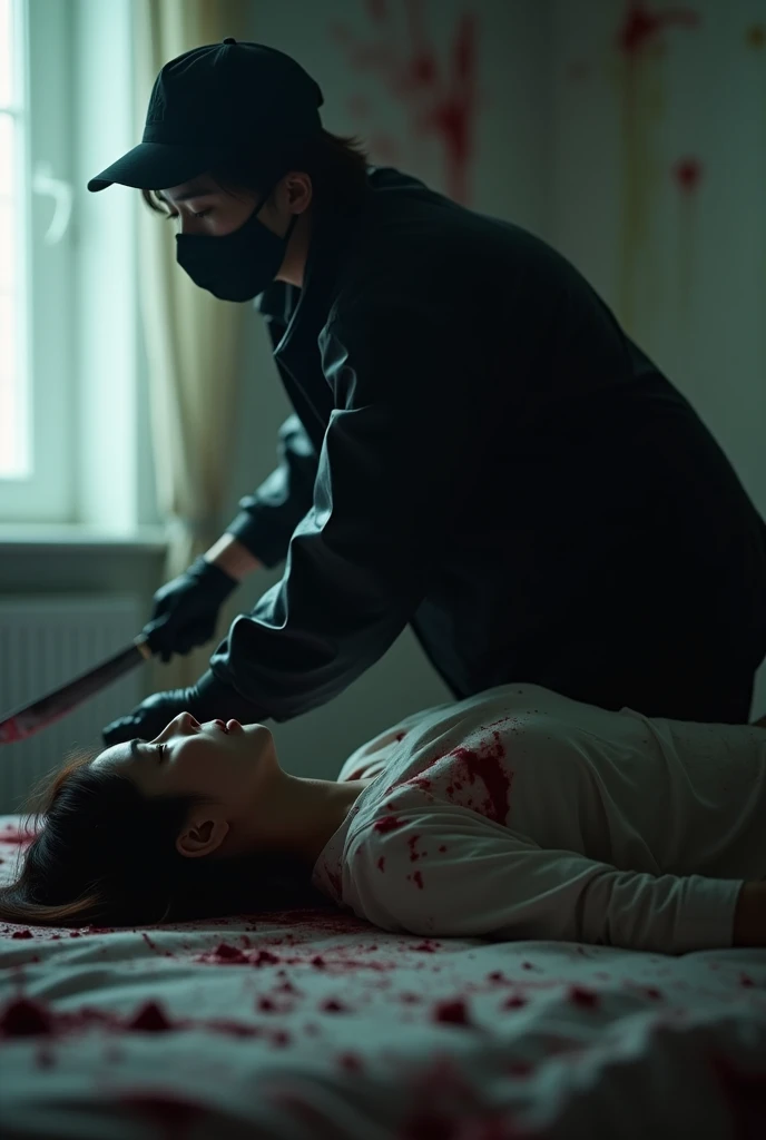 korean girl, (behind corpse, holding knife), black surgical mask, black gloves, room full of blood, black raincoat, trucker hat, holding knife, black gloves, woman on top, behind corpse, blood splatter, on the bed, mass murderer, killer, short hair, blood splatter, dark atmosphere, cinematic lighting, atmospheric realistic, light from the window, close-up,
