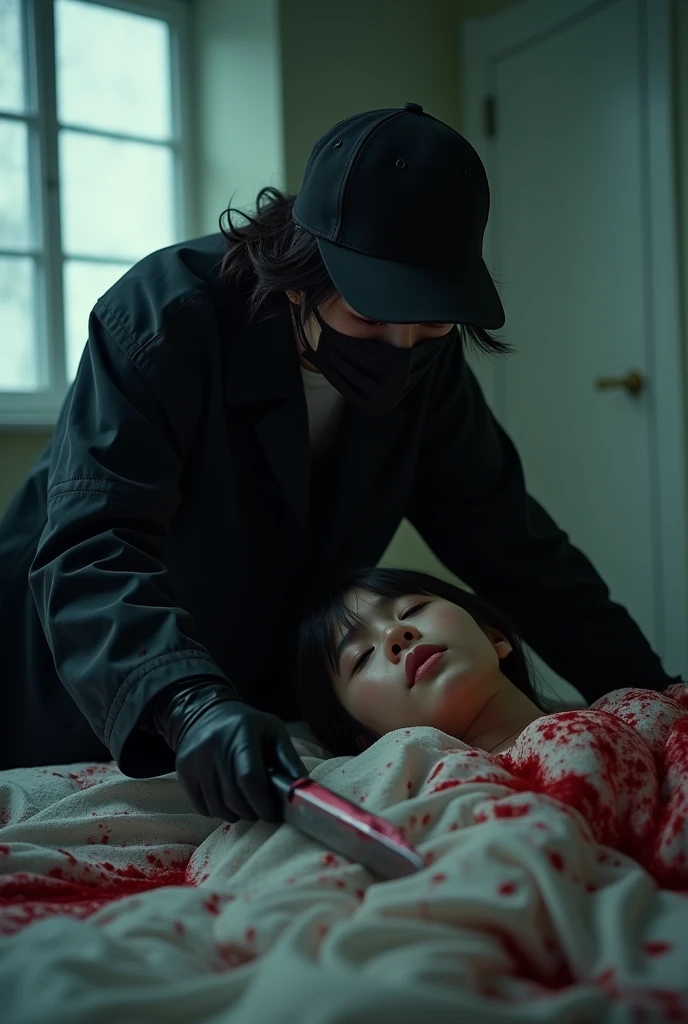 korean girl, (behind corpse, holding knife), black surgical mask, black gloves, room full of blood, black raincoat, trucker hat, holding knife, black gloves, woman on top, behind corpse, blood splatter, on the bed, mass murderer, killer, short hair, blood splatter, dark atmosphere, cinematic lighting, atmospheric realistic, light from the window, close-up,
