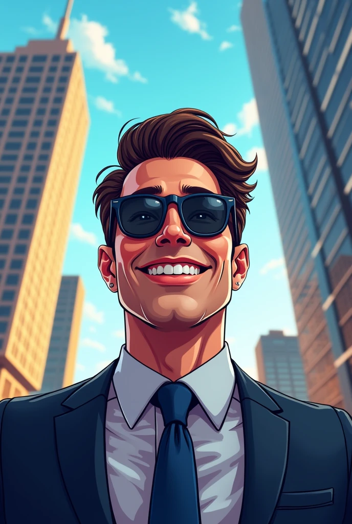 Face of handsome young businessman ,smiling with sunglasses with confident face ,in the bottom-up perspective in the background a large city. Art in digital style 