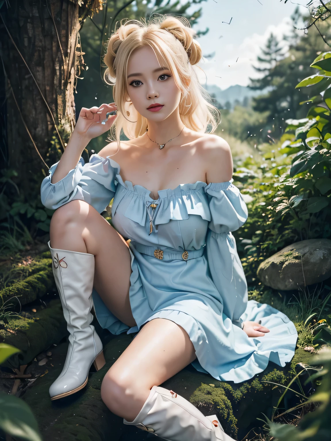 Anime girl with light blonde hair,With light blue eyes,Wearing a pink off-the-shoulder puff-sleeved dress and knee-high white boots,Sitting in the woods,Next to it is an orange mushroom,Surrounded by fireflies under the starry sky
