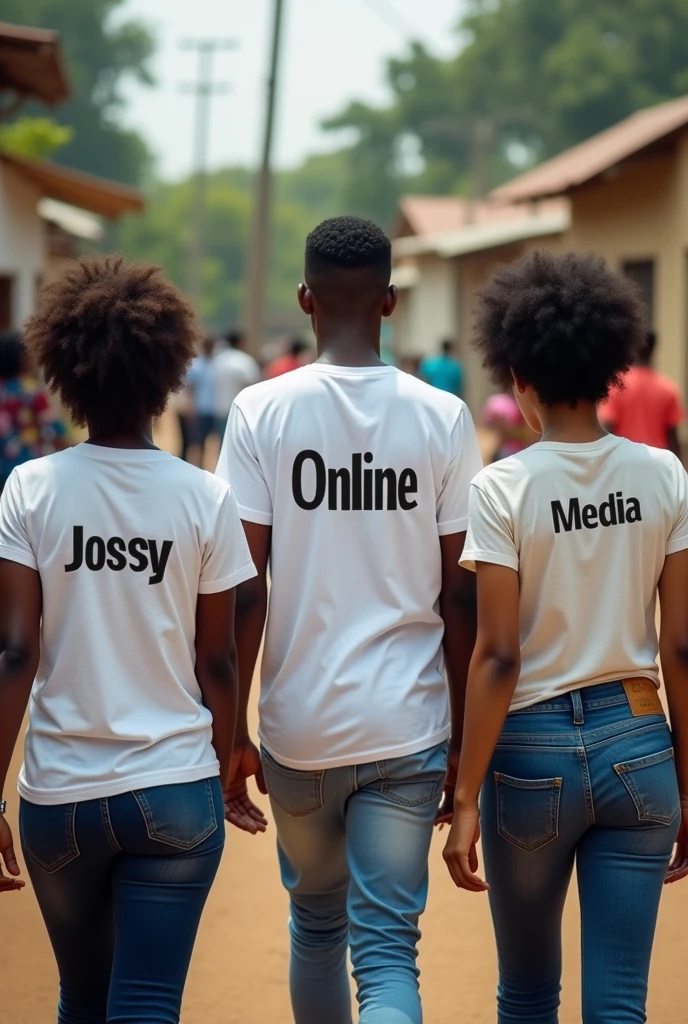 A photo of three African walking two ladies and a youthful man at the center of girls, first girl wearing a t-shirt written Jossy middle man wearing t-shirt written Online and the other girl written Media at the back