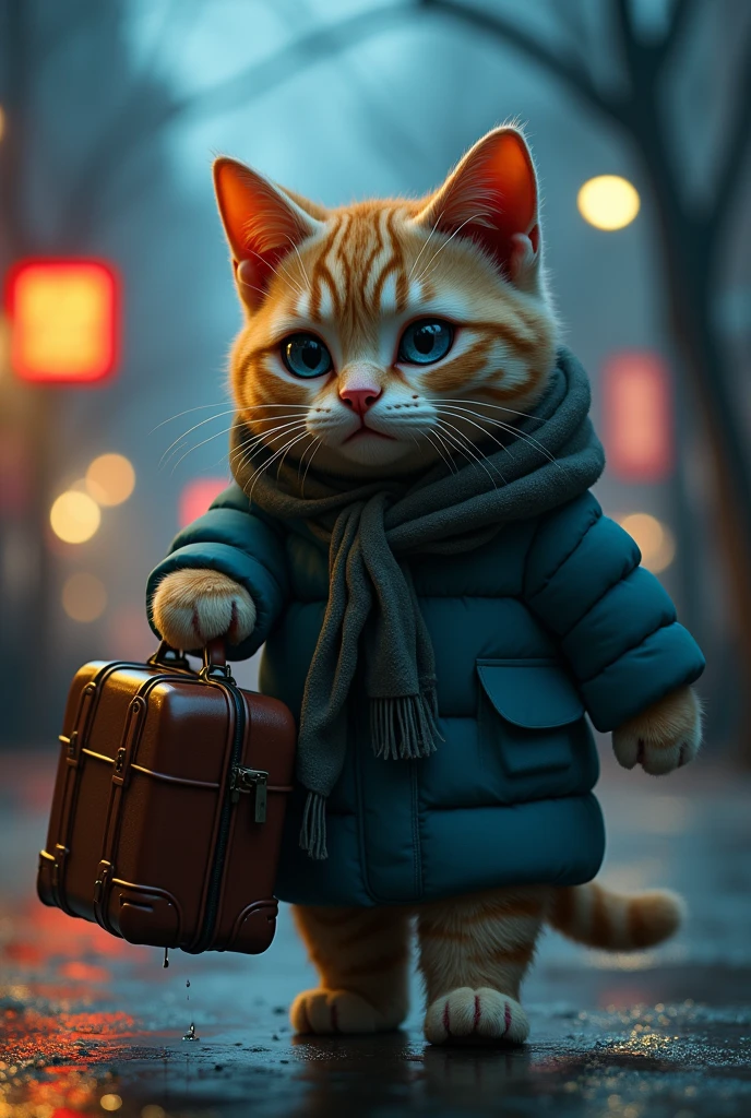 “Creates an image of an anthropomorphic feline character, resembling a cat, watery eyes, rosy cheeks, soaked eyelashes, emotional expression, intense sadness, tears, realistic textures, very refined details, drops of water falling from his eyes down his face, holding his suitcase full of things, walking alone on the street, trees with little light. Around him, the cat has a neon light effect.
