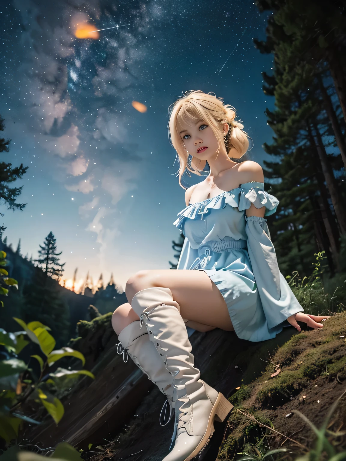 Anime girl with light blonde hair,With light blue eyes,Wearing a pink off-the-shoulder puff-sleeved dress and knee-high white boots,Sitting in the woods,Next to it is an orange mushroom,Surrounded by fireflies under the starry sky