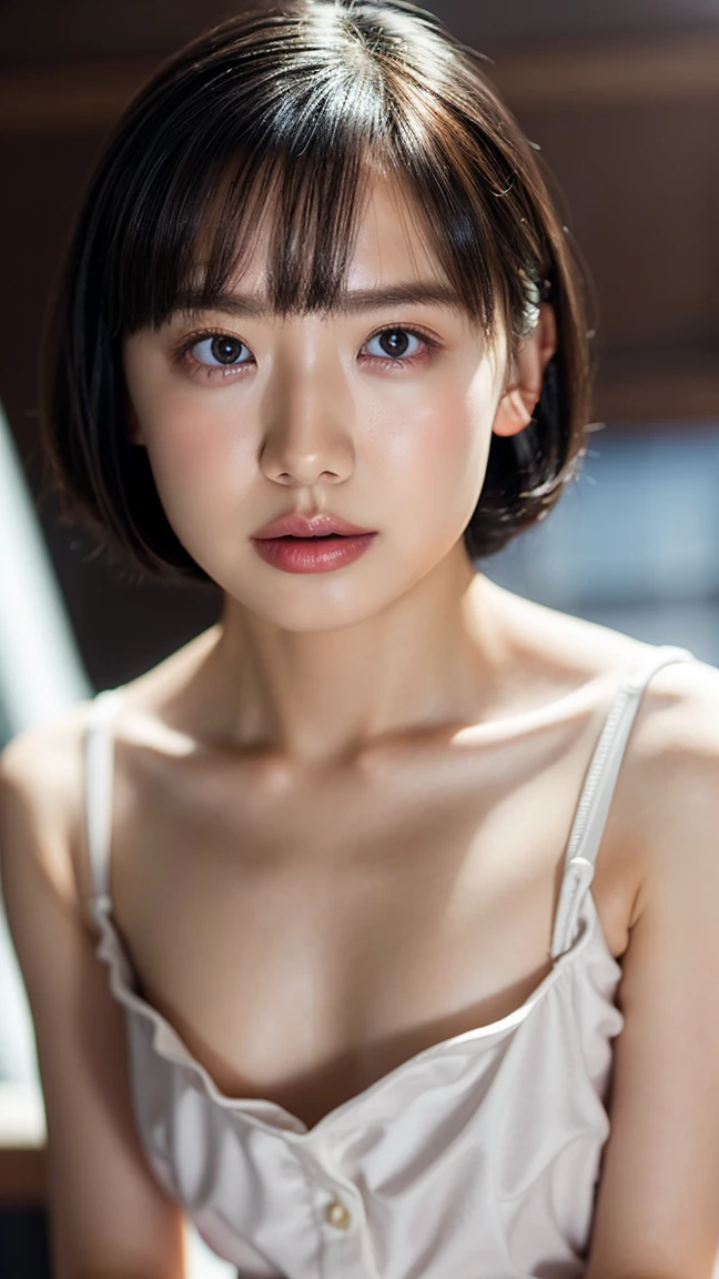 (1 girl, Girls, Full body portrait, Small breasts, Short Bob Hair, Upper body naked, Nipples, panties), Fair-skinned, shiny thin lips, skinny, Body Type, Delicate and sexy collarbone, Highest quality, RAW Photos, Realistic, face, Incredibly beautiful girl, cute, Depth of the written border, High resolution, 超detailed, detailed, Very detailed, extremely detailed eye and face, Sharp pupils, Sharp focus, Cinema Lighting