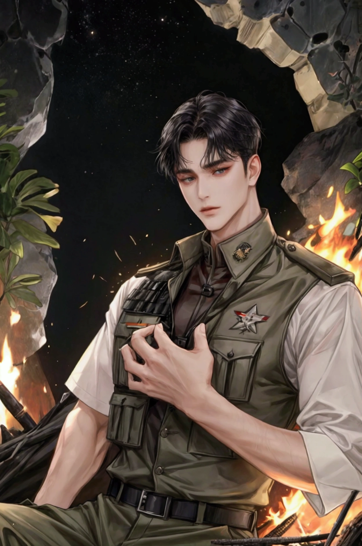 sexy man wearing a military vest with black hair, gray eyes, short-sleeved military uniform while basking in a bonfire in the cave