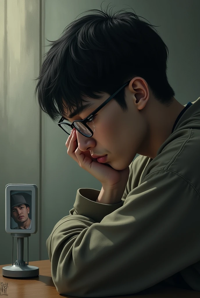 can you make for me a guy doesn’t have dad so he cry so much but Let's add more details that he's thinking about his father and even let him wear glasses also Add a thought crossword like in those comics, but remember that there is a picture of a father in that box