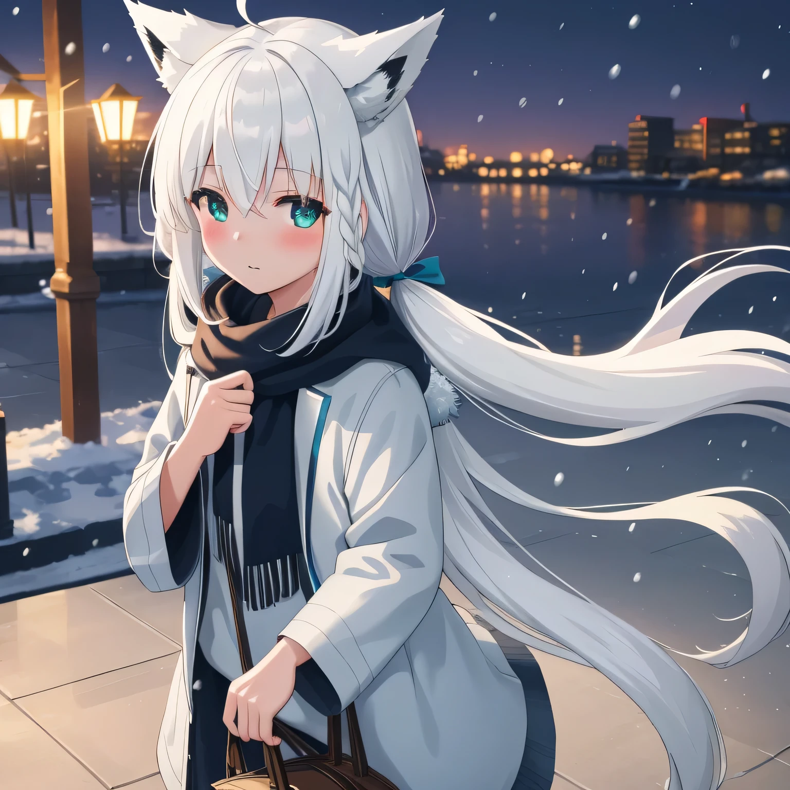 masterpiece, best quality, fubuki, fox ears, 1girl, solo, blush, long twintail hair, hair between eyes, ((winter clothes)), city, snowing, daylight, extremely detailed 8K, smooth, high resolution, ultra quality, cinematic lighting, ambient occlusion, hd, 2k, 4k, 8k, 16k, extremely detailed anime, detailed faces, perfect composition, wide shot, atmospheric lighting,