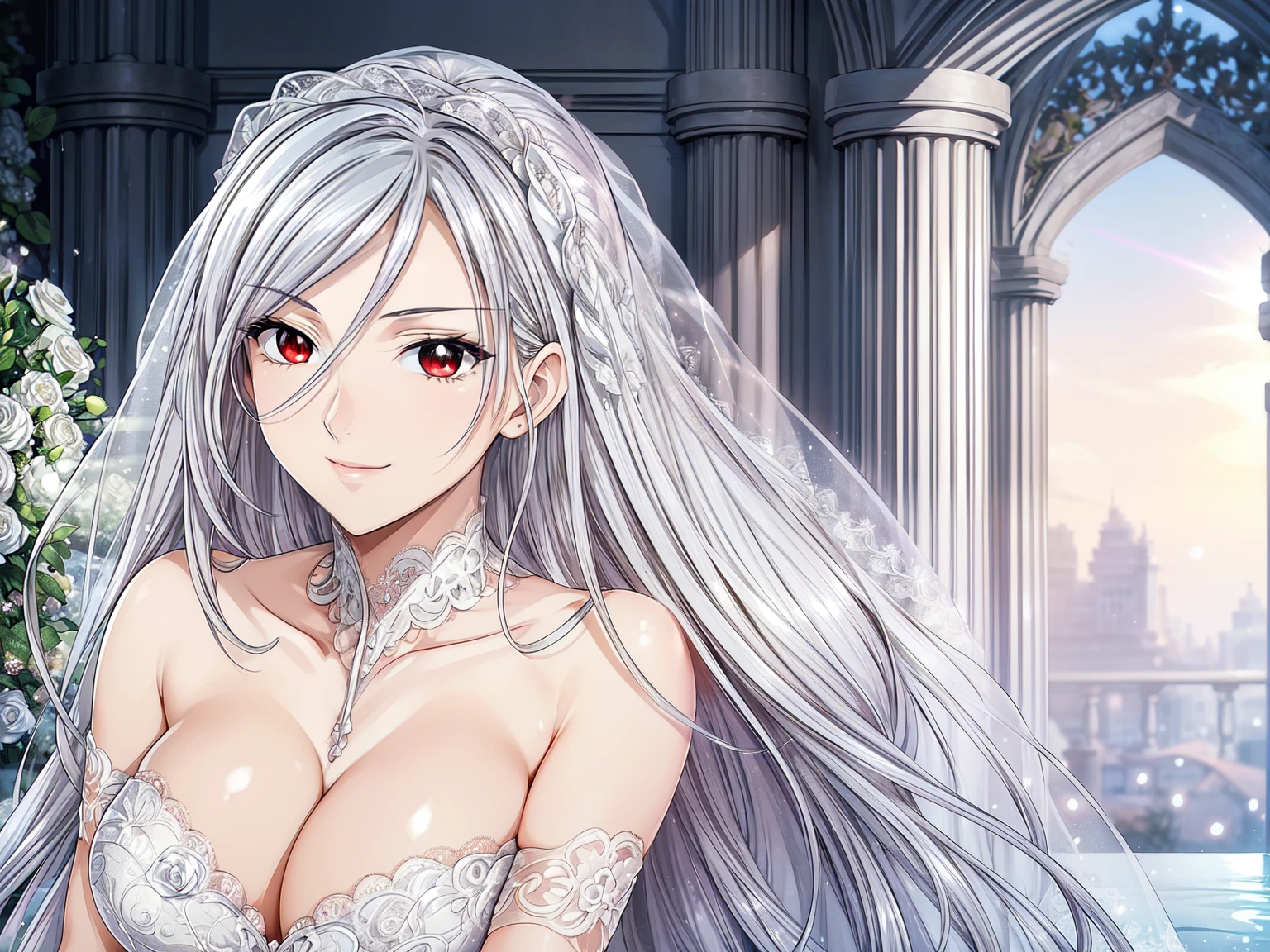 (masterpiece, best quality, beautiful and aesthetic:1.3), look back, side view, 1woman, ((very mature woman)),(30 years old, thirties), solo, light smile,  (Silver  hair streaked white:1.4), (Gradient silver hair ends:1.6), hair strand, absurdly long hair, single sidelock, wavy hair, shiny hair, floating hair, (deep red eyes), delicate eyes, aqua eyes, super high detailed eyes, long upper eyelashes, makeup, Focus on face, Very detailed facial, Pretty Face, Perfect breasts, hot body, (Delicate skin texture:1.2), bridal veil, (Red lace-trimmed dress), see-through, (Red wedding dress), outdoors, white roses, garden, morning, standing, extreme detailed, light smile
