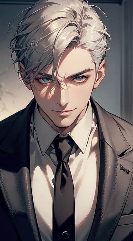 ((a mature man, very handsome, smile in love, short grey silver hair, green eyes, perfect face without errors)), ((buttoning the jacket, CEO)), (best quality, masterpiece, 8K, photorealistic, cinematic lighting, hdr image, ultra detailed, beautiful image), (portrait, detailed facial features, intricate textures, realistic skin tones, highly detailed, ultra-realistic), (warm lighting, soft shadows, dramatic lighting), (muted color palette, rich tones), (professional photography, high resolution, studio lighting)