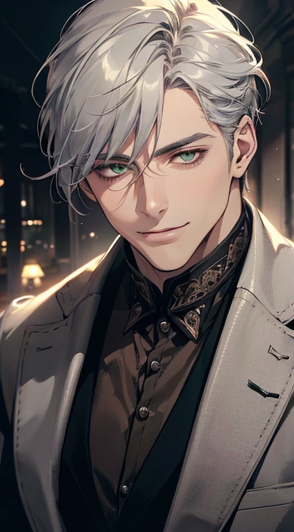 ((a mature man, very handsome, smile in love, short grey silver hair, green eyes, perfect face without errors)), ((buttoning the jacket, CEO)), (best quality, masterpiece, 8K, photorealistic, cinematic lighting, hdr image, ultra detailed, beautiful image), (portrait, detailed facial features, intricate textures, realistic skin tones, highly detailed, ultra-realistic), (warm lighting, soft shadows, dramatic lighting), (muted color palette, rich tones), (professional photography, high resolution, studio lighting)