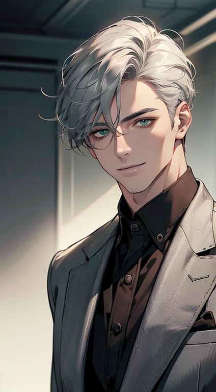 ((a  man, very handsome, smile in love, short grey silver hair, green eyes, perfect face without errors)), ((buttonthe jacket, CEO)), (best quality, masterpiece, 8K, photorealistic, cinematic lighting, hdr image, ultra detailed, beautiful image), (portrait, detailed facial features, intricate textures, realistic skin tones, highly detailed, ultra-realistic), (warm lighting, soft shadows, dramatic lighting), (muted color palette, rich tones), (professional photography, high resolution, studio lighting)