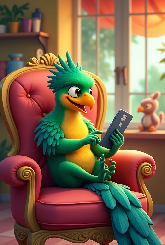 A quetzal using his cell phone to pay while sitting on a chair in a cartoon