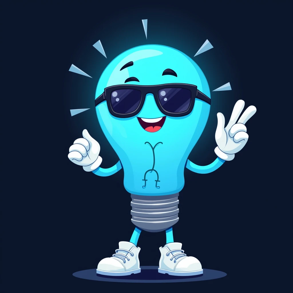 Blue cartoon light bulb wearing sunglasses, with white arms and legs, In his hands he has white gloves, makes the loser sign with one hand, He is smiling, In the background there is a flat black color, Mascot illustration, toonix character, cartoon vector style, dancing character, telegram label design, Black and cyan color scheme, simple cartoon style, tendency in dribbling.pet com, cold face, 2D flat vector art