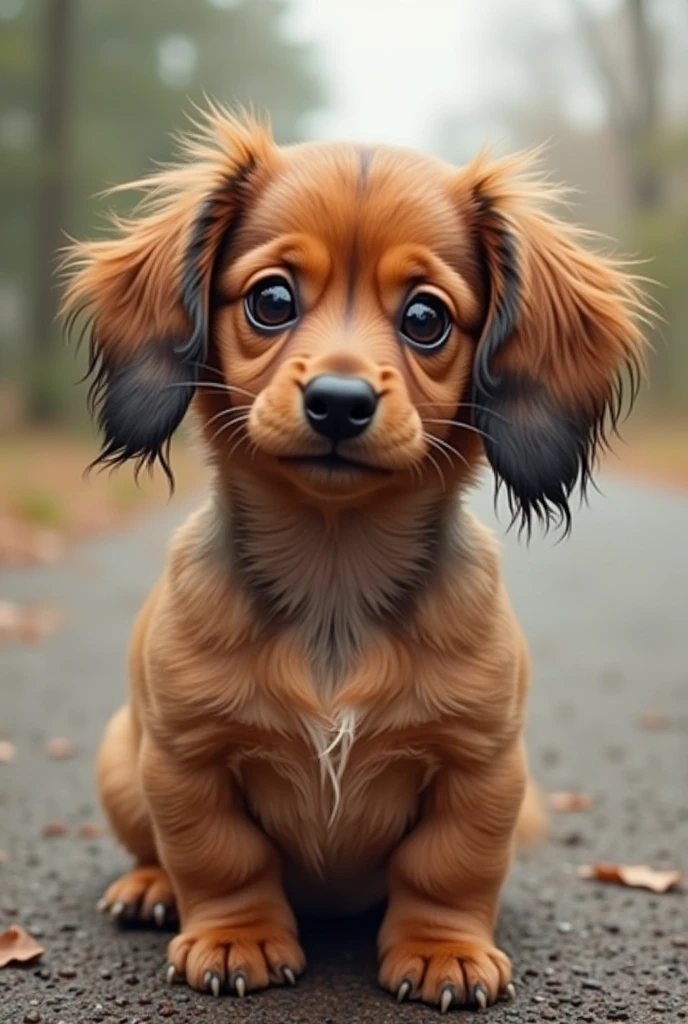 Create an image with the following characteristics: 1 brown dachshund 1 black and white cat 1 black and white shitzu