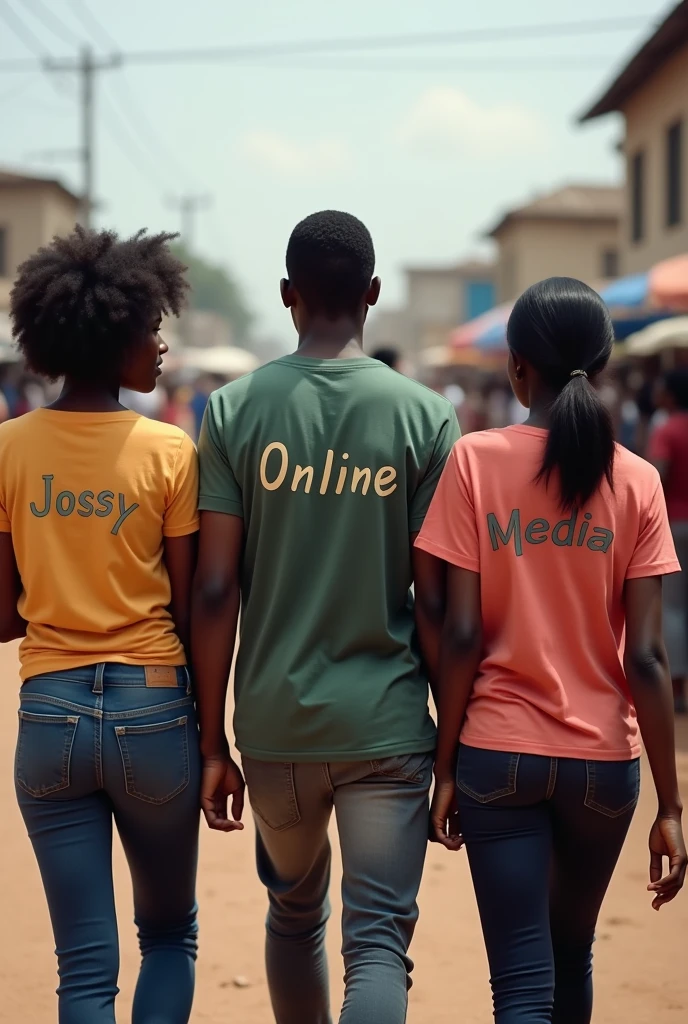 A photo of three African walking two ladies and a youthful man at the center of girls, first girl wearing a t-shirt written Jossy middle man wearing t-shirt written Online and the other girl written Media at the back