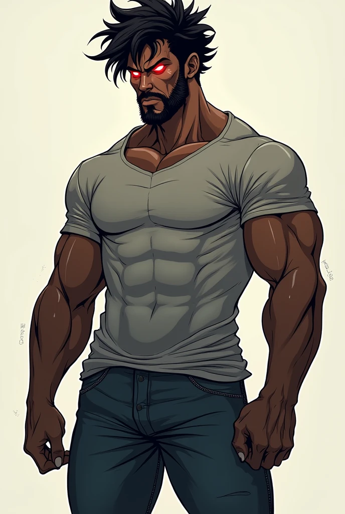 Black man, messy black hair, red eyes, physically strong and tall wearing casual clothes anime