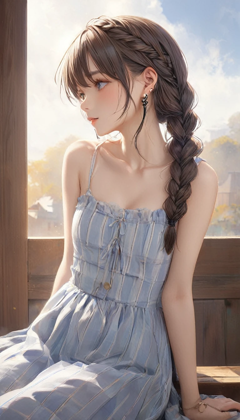 (masterpiece, Highest quality:1.2), One Girl, alone,Bony body、15 years old、Fishbone Braid Hair、Earrings