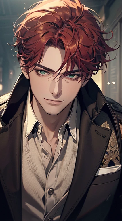 ((a mature man, very handsome, smile in love, short grey red hair, green eyes, perfect face without errors)), ((buttoning the jacket, CEO)), (best quality, masterpiece, 8K, photorealistic, cinematic lighting, hdr image, ultra detailed, beautiful image), (portrait, detailed facial features, intricate textures, realistic skin tones, highly detailed, ultra-realistic), (warm lighting, soft shadows, dramatic lighting), (muted color palette, rich tones), (professional photography, high resolution, studio lighting)