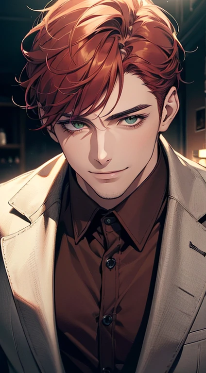 ((a mature man, very handsome, smile in love, short grey red hair, green eyes, perfect face without errors)), ((buttoning the jacket, CEO)), (best quality, masterpiece, 8K, photorealistic, cinematic lighting, hdr image, ultra detailed, beautiful image), (portrait, detailed facial features, intricate textures, realistic skin tones, highly detailed, ultra-realistic), (warm lighting, soft shadows, dramatic lighting), (muted color palette, rich tones), (professional photography, high resolution, studio lighting)
