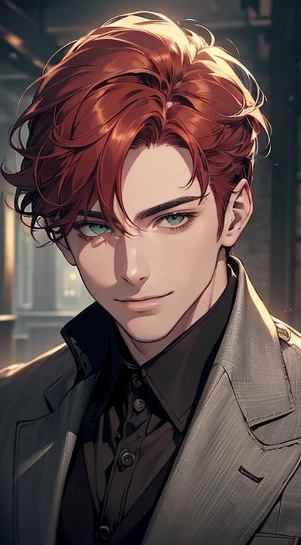 ((a mature man, very handsome, smile in love, short grey red hair, green eyes, perfect face without errors)), ((buttoning the jacket, CEO)), (best quality, masterpiece, 8K, photorealistic, cinematic lighting, hdr image, ultra detailed, beautiful image), (portrait, detailed facial features, intricate textures, realistic skin tones, highly detailed, ultra-realistic), (warm lighting, soft shadows, dramatic lighting), (muted color palette, rich tones), (professional photography, high resolution, studio lighting)