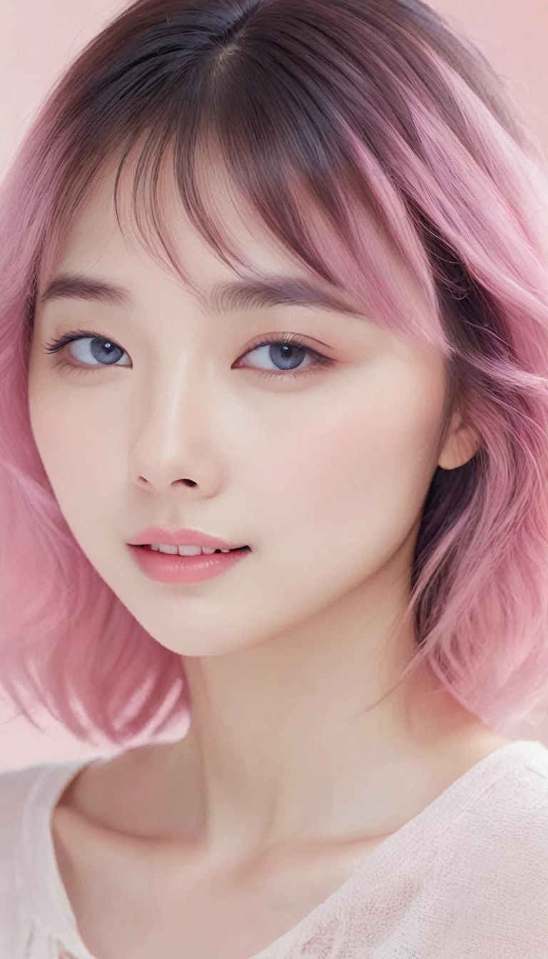 Cute beautiful woman, Smile, Shy, Light makeup, A large proportion, Background pastel color scheme, Soft and fluffy calming effect, Shadow Effect, Gradient Magic Effect, (Extremely detailed, Absolute resolution, best quality:1.3), 2.5D, Delicate and dynamic, Art Photography, Surrealism, Graphics CG Digital Art