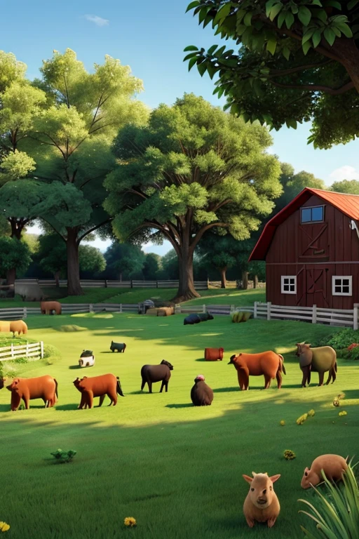 A farm with a green lawn and lots of animals