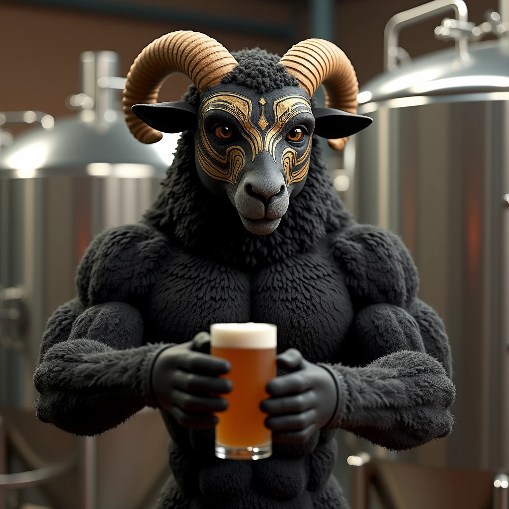A black sheep with a human shape and an athletic body wearing a Mexican wrestler mask preparing craft beer with stainless steel fermenters in the background
