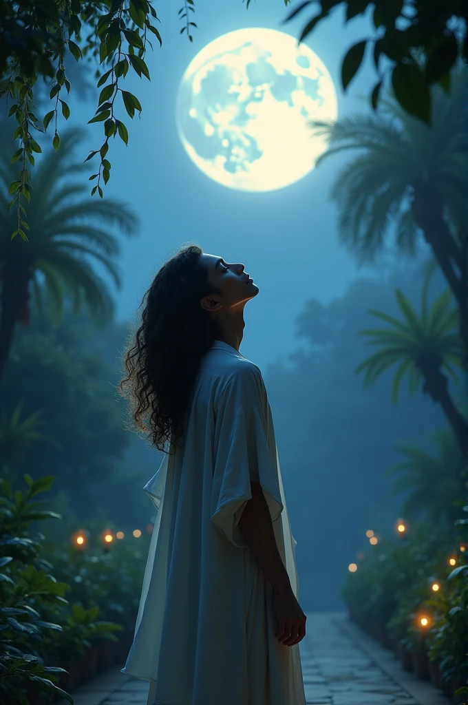 A beautiful 20 year old boy gazing at the full moon, long flowing hair, elegant dress, serene expression, moonlit garden, glowing moon, dramatic lighting, ethereal atmosphere, photorealistic, concept art style