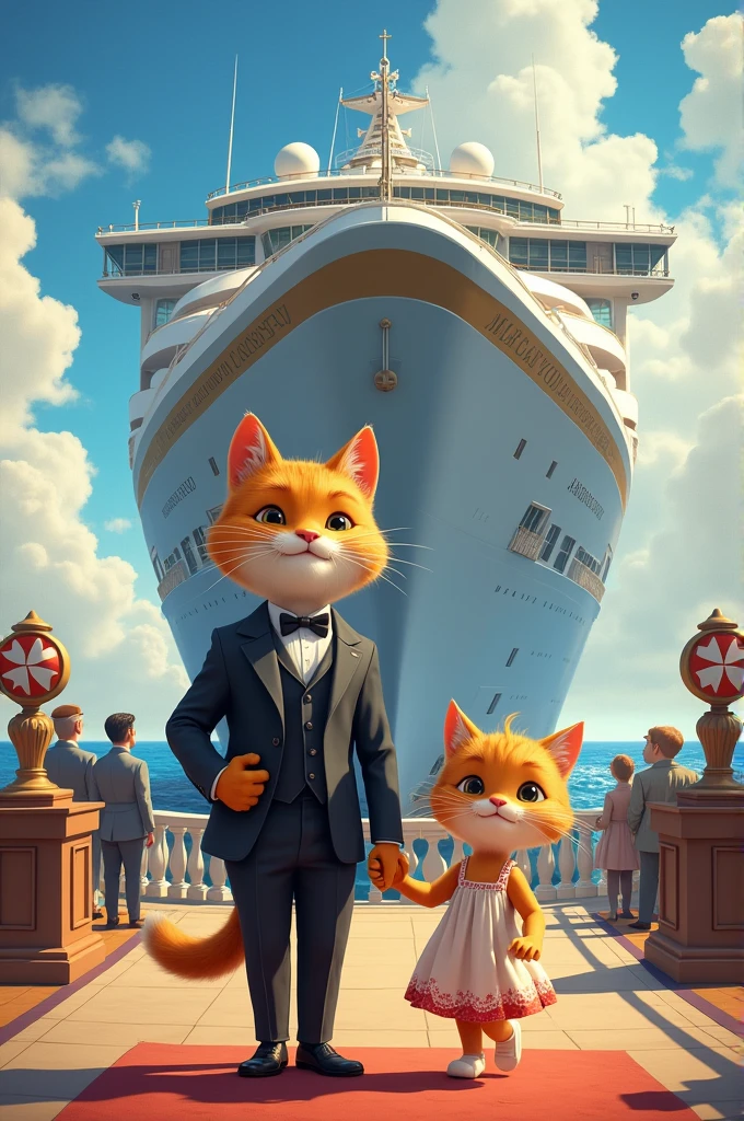Mr. Cat and his daughter boarding a cruise ship