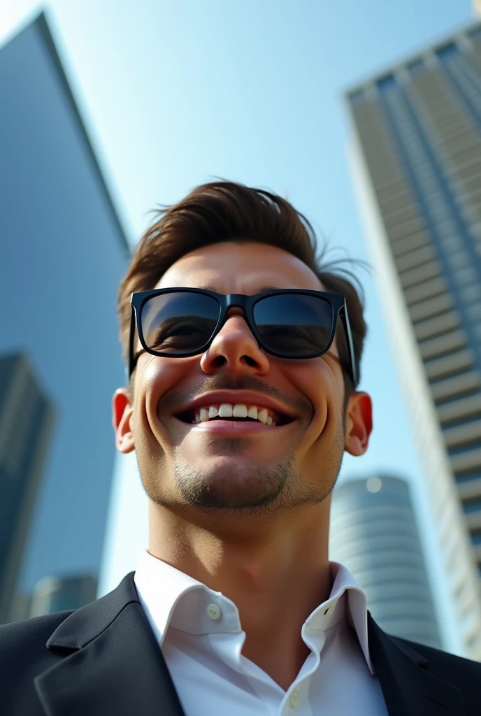 Face of handsome young businessman ,smiling with sunglasses with confident face ,in the bottom-up perspective in the background a large city.