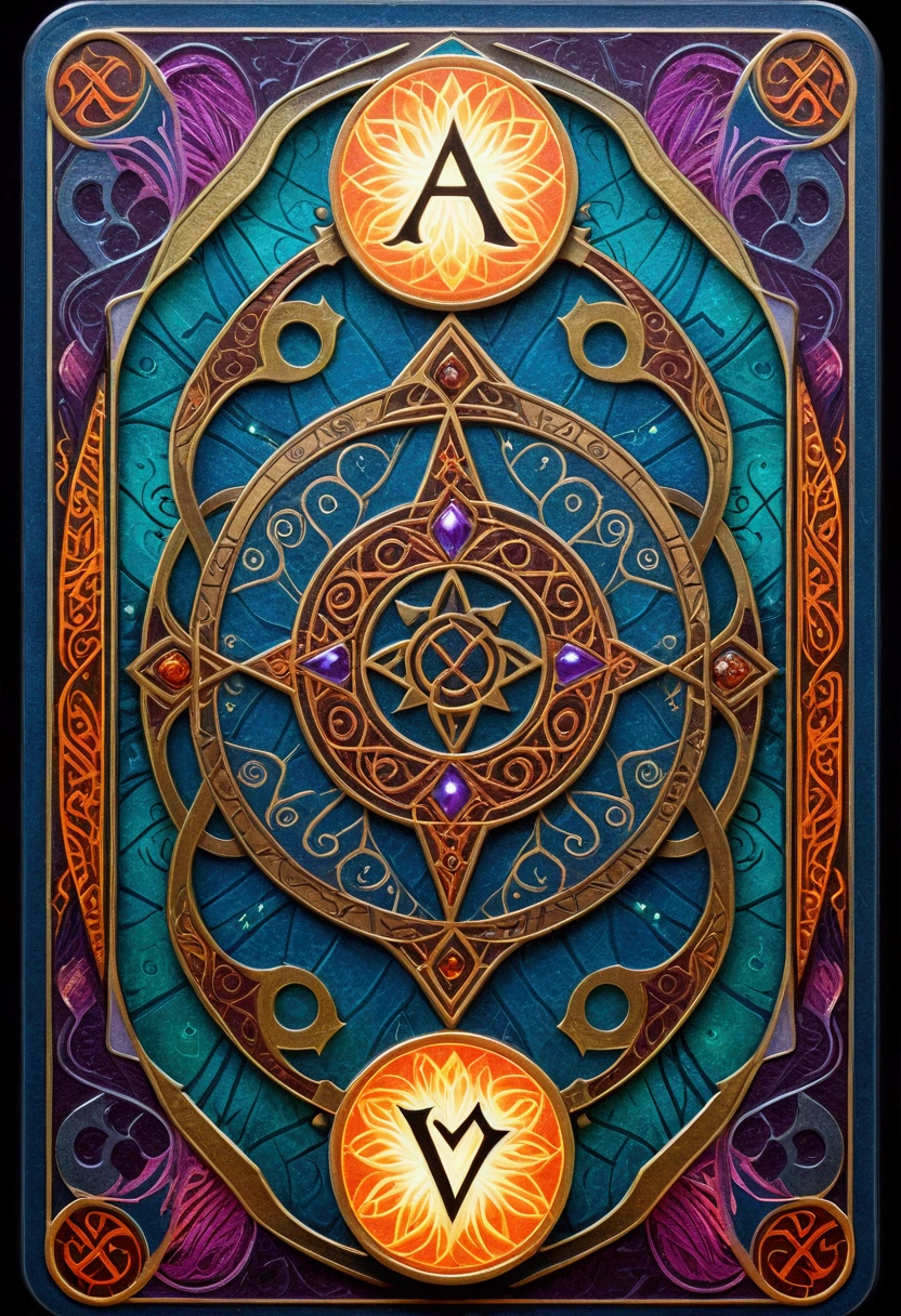 MTG, CCG, TCG, Card Game design, a detailed fantasy card game, One playing card, playing card with intricate patterns and designs, detailed magical runes and symbols on card, fantasy kingdom, colorful glowing, dramatic lighting, intricate details, 8k, high quality, masterpiece, best quality, very aesthetic, absurdres