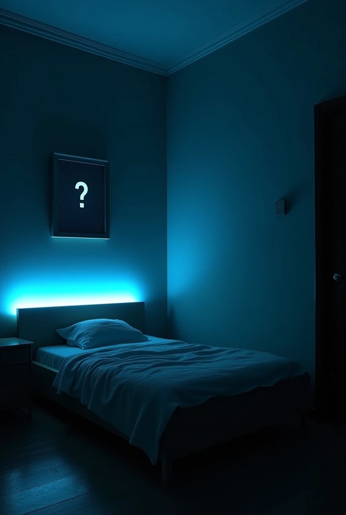 Dark  bedroom at night with cyan led strip. A single bed and next to that bed a picture with a question mark. 