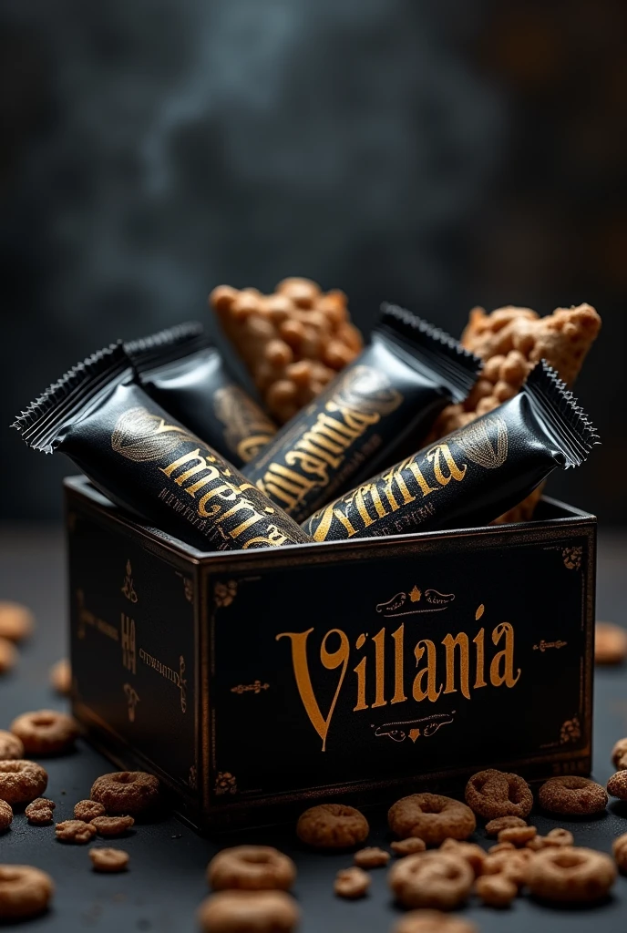 Create an open black box, inside it, place cereal bars with black and gold packaging, written Villania in the font (saloon). NA LOGO (2 V)