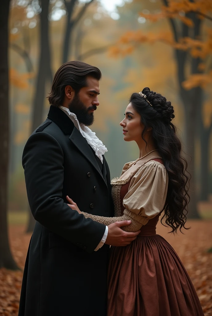 period romance 19th century period clothing featured: Big man, dark-haired man with a beard and a dark-haired woman with loose hair in the background a forest of neutral and warm colors
