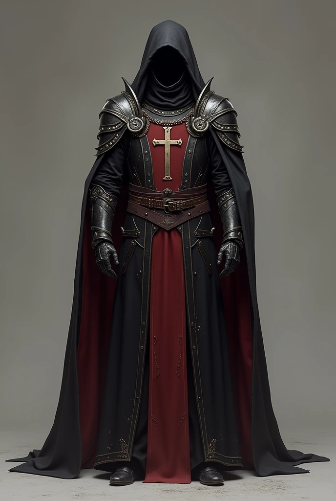 Priest&#39;s long robe:Retain the priest&#39;s characteristic long cloak, but can add details such as metal trim or sewn light armor panels on the shoulders and chest.Phần áo choàng này có thể có màu tối như đen hoặc red sậm, create majesty and mystery, simultaneously suitable for both priest and knight style.Medieval armor:Use plate armor (Plate armor) or chain mail (chainmail) under the cloak to protect the body.Armor pieces like shoulder armor, chest armor, The gauntlets can be designed in a lightweight style so as not to lose the necessary flexibility of the priest&#39;s costume..Armor may be engraved or decorated with crosses or church symbols to increase association..Accessory:Add accessories like a large cross necklace, belt with bible hook, or other religious symbols on clothing.The priest&#39;s crown or cap may be substituted for or combined with the helmet. (helmet) to retain religious style but still ensure protection.Gloves and shoes:The gloves can be a combination of knight&#39;s armor and simplicity., the delicacy of the priest&#39;s gloves.Shoes can be solid black leather, Add extra armor for added protection.Colors and patterns:Use church symbolic colors like black, white, red, or purple for the dress.Cross motifs or other religious symbols may be embroidered or engraved on armor or cloaks..