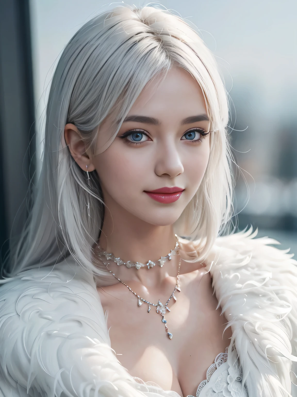 girl, Smile, Delicate skin, White hair, necklace, Elegant collar, Fluffy and silky feather jacket, Heterochromia, beautiful, beautiful, High Detail, best quality, Extremely detailed, Surrealism, Practical, masterpiece, complex, , Hiring