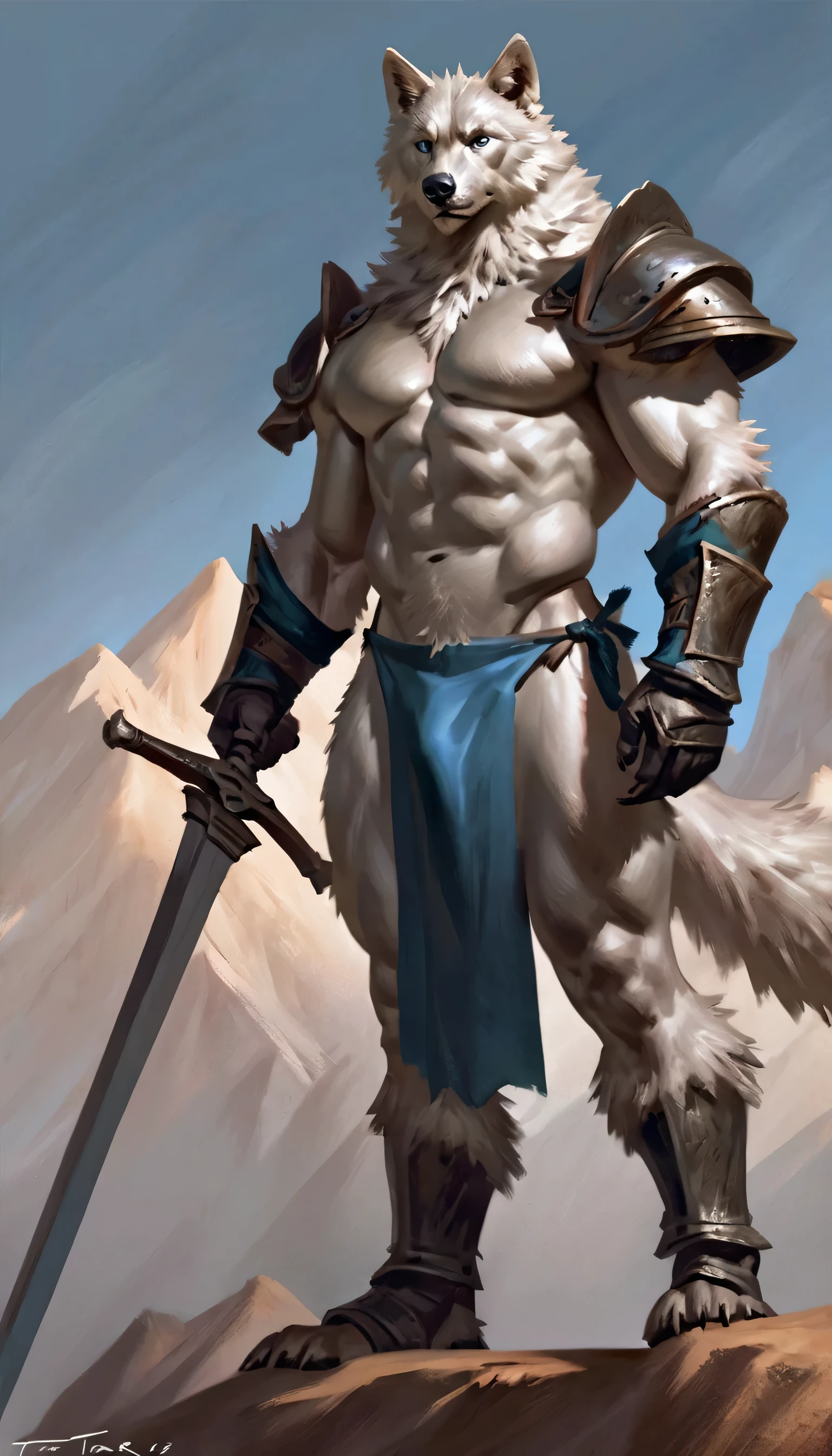 Anthro male white wolf knight holding a two-handed greatsword, alone, arrogant expression, masterpiece, Best Art, whole body, by violinist taran, detailed eyes, detailed body, claws, high, top-less, Pecs, ABS, shoulder pads, standing, short black and blue loincloth