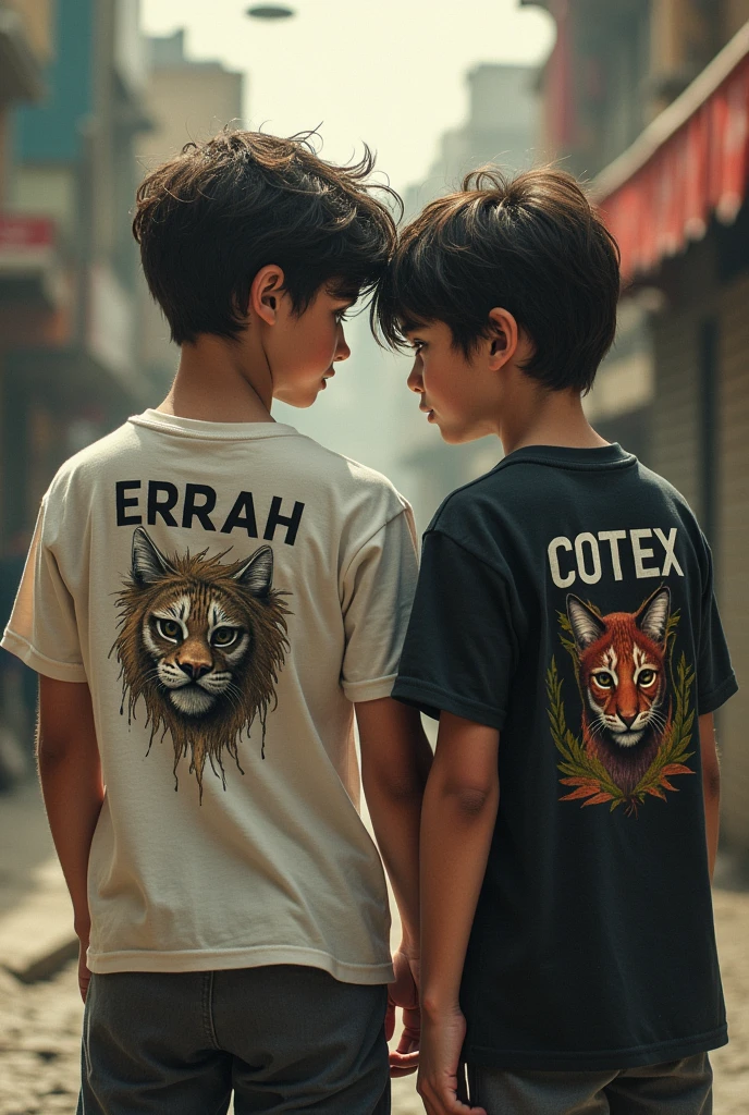 Two boys were smoking cigarettes while and the other boys t-shirt was printed out as ERRAH and the other was COTEX